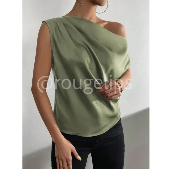 Army Green Satin Draped Asymmetrical Blouse Top Off One Shoulder - Picture 4 of 13